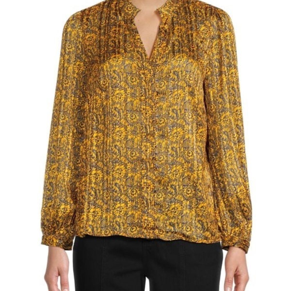 Melloday Floral Metallic Blouse Yellow Gold Button up Size Large